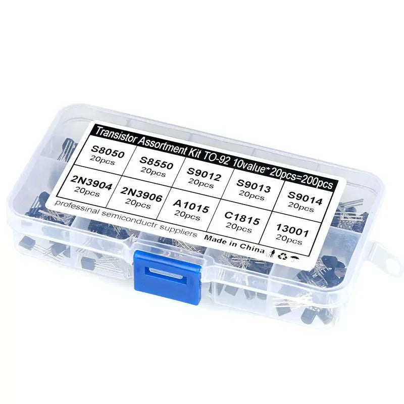 10Value 200PCS Transistor Assortment Kit S8050 S8550 2N2222 2N2907 BC337 BC327 BC517 BC556 2N3904 2N3906 A1015 C1815 Wit Box