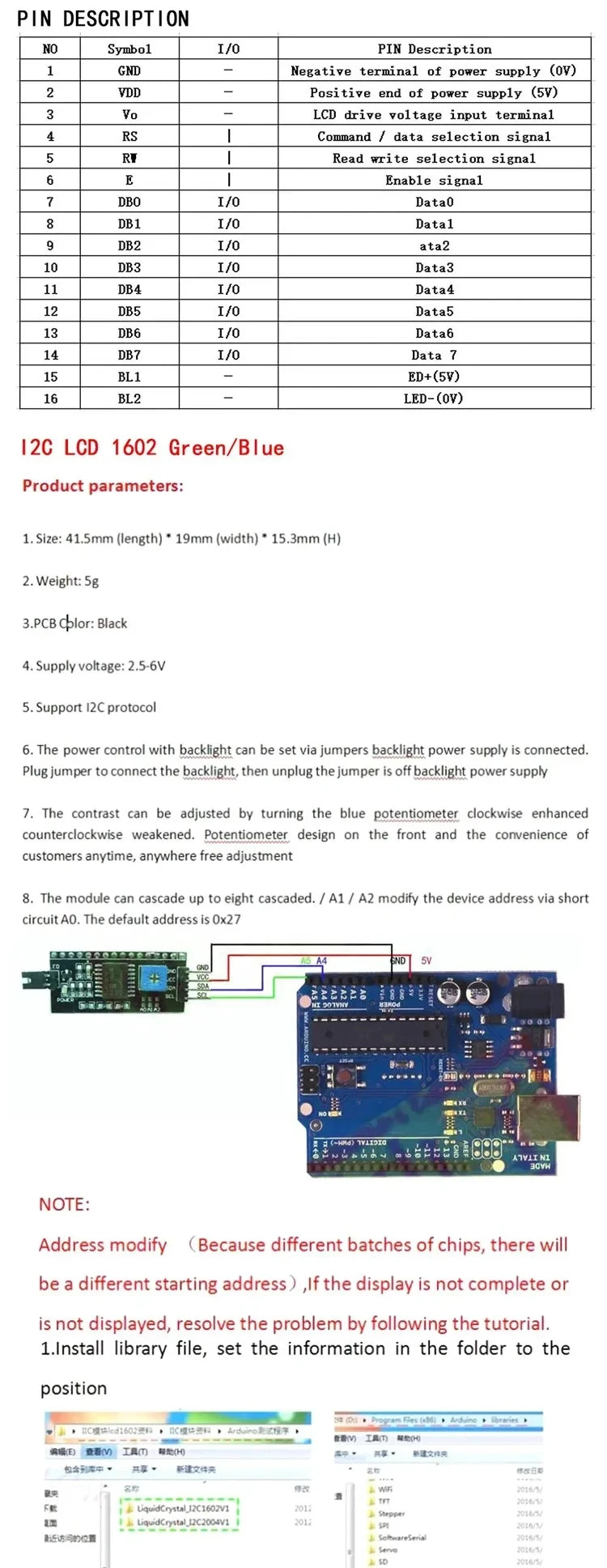 LCD1602 1602A LCD Display Module 16x2 Character Blue Yellow Green Gray Screen PCF8574 I2C IIC Interface 5V for Arduino