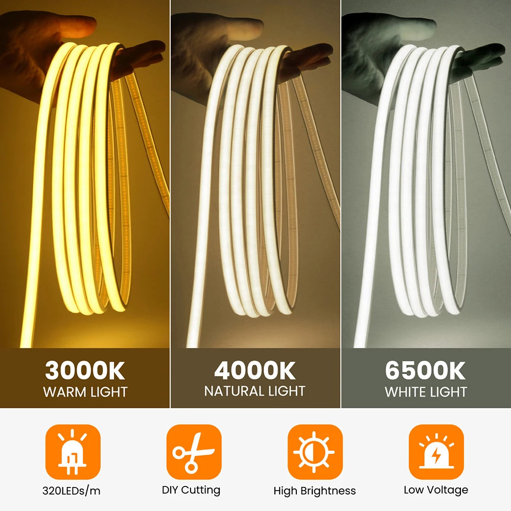 IP68 Waterproof Flexible Neon Rope Light USB COB LED Strip 5V ON OFF Switch 320 LEDs/m Natural Warm White 0.5m 1m 2m 3m 4mm 5m