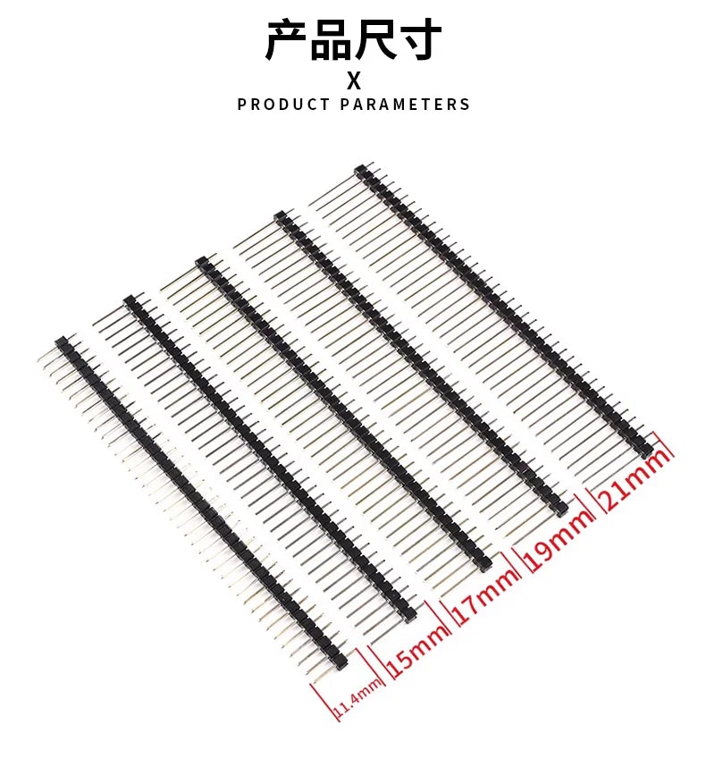 10Pcs 2.54mm Pin Header Single Row Straight Copper Needle Gold Plating 1 * 40Pin 1X40P Length 11.4/13/15/17/19/ 21/23/25/30/40mm