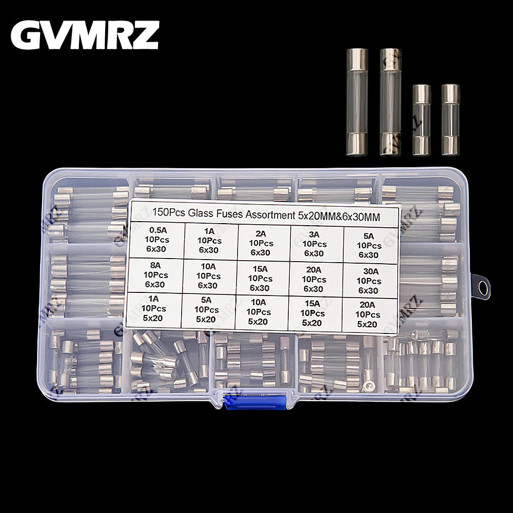 150Pcs 15value 5x20mm 6x30mm Glass Fuse Assorted Kit Box 0.25A 0.5A 1A 2A 3A 5A 8A 10A 15A 20A 30A