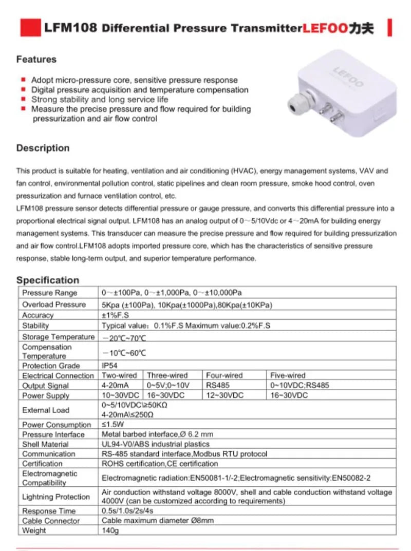 LEFOO 4-20mA Differential Pressure Transmitter Micro Sensor Measuring Air & Neutral Gas for EMS, HVAC, VAV, FC LFM108