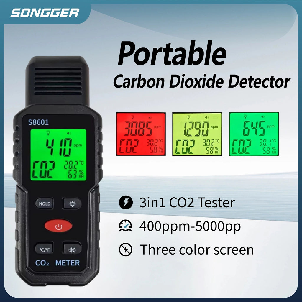 Indoor CO2 Meter Carbon Dioxide Sensor & Alarm NDIR Air Quality Monitor with Temp Humidity LCD Portable High Precision Detector