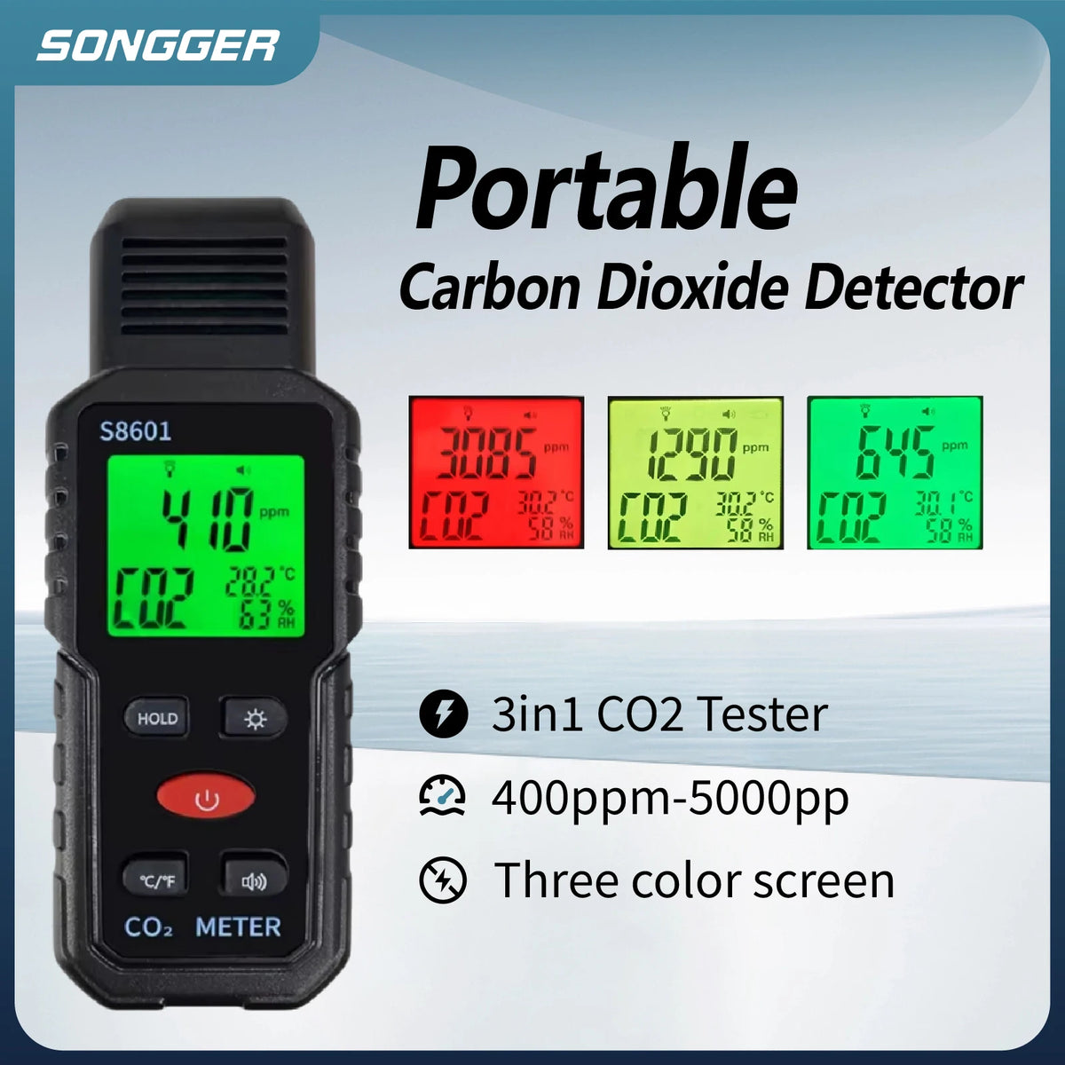 Indoor CO2 Meter Carbon Dioxide Sensor & Alarm NDIR Air Quality Monitor with Temp Humidity LCD Portable High Precision Detector