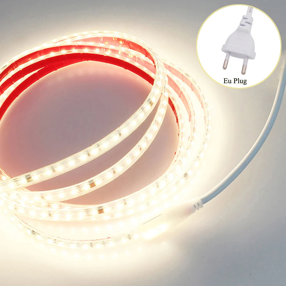 120LED/m LED Strip Light 220v Flexible&10cm Cuttable Soft Lamp Bar 2835 Tape Adhesive EU Plug Vanity Cabinet Wardrobe Home Decor