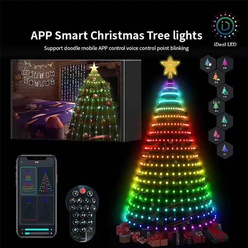 RGB Christmas Tree Waterfall Lights With Star Topper,APP Remote Control LED String Lights Multicolor Fairy Light Indoor Outdoor