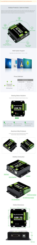 Waveshare USB to RS232/485/TTL Converter Onboard FT232RL Industrial Grade USB to RS232 Converter Support Android Windows 11/10/8