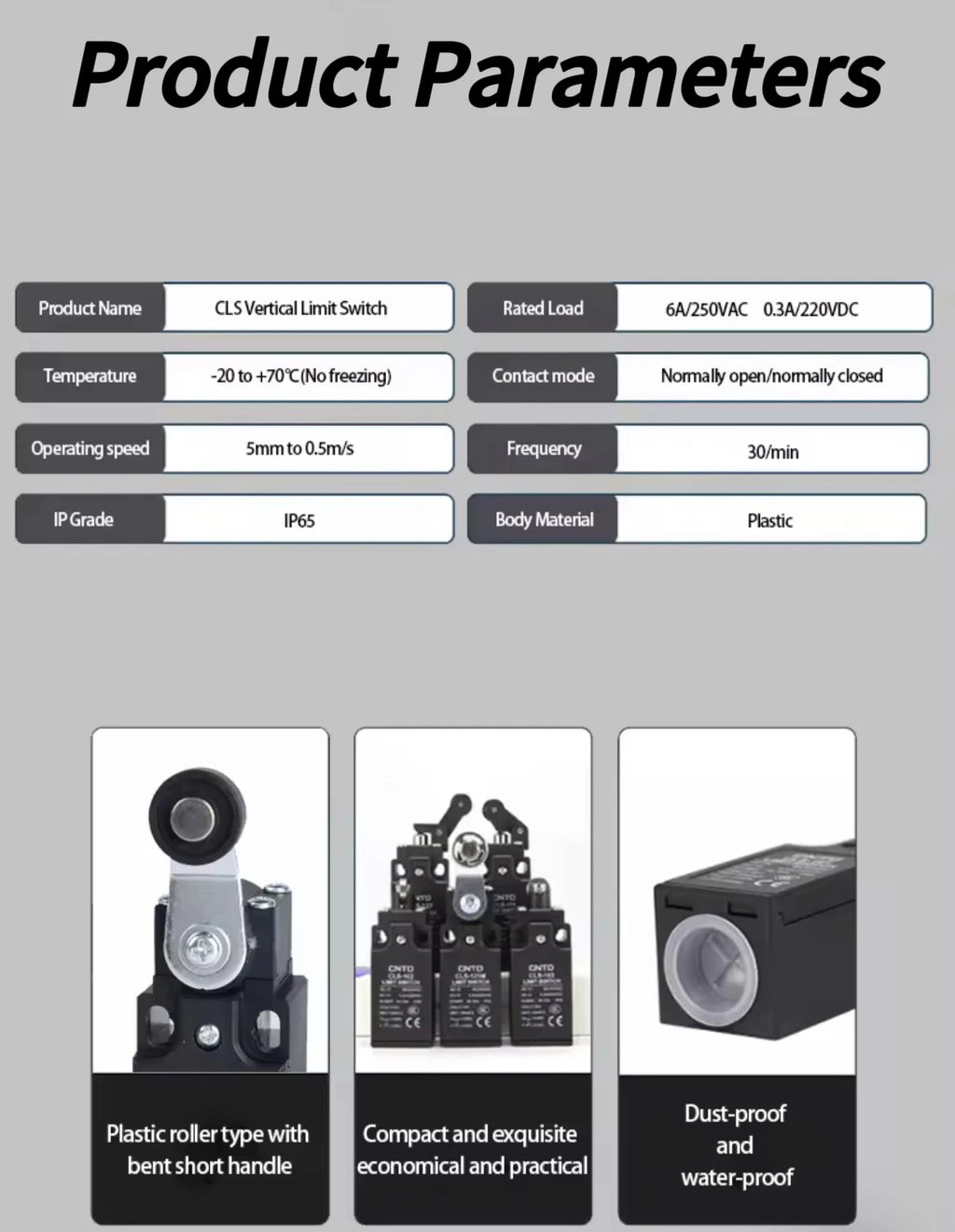 CNTD CLS-111 Limit Switch Left Horizontal Cantilever Roller 1NO/1NC IP65 Waterproof Oilproof Dual Circuit 6A 250VAC 0.3A 220VDC