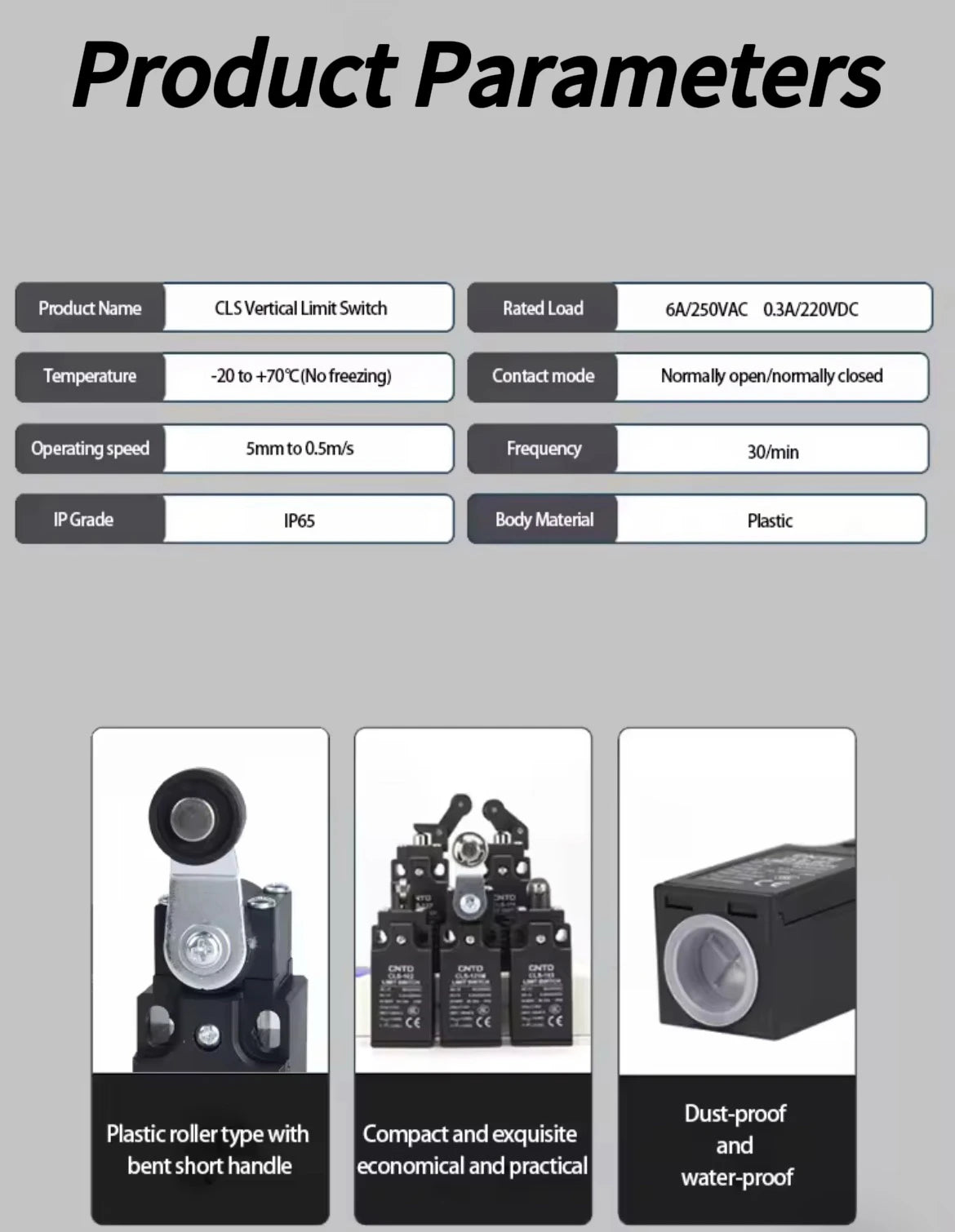 CNTD CLS-111 Limit Switch Left Horizontal Cantilever Roller 1NO/1NC IP65 Waterproof Oilproof Dual Circuit 6A 250VAC 0.3A 220VDC