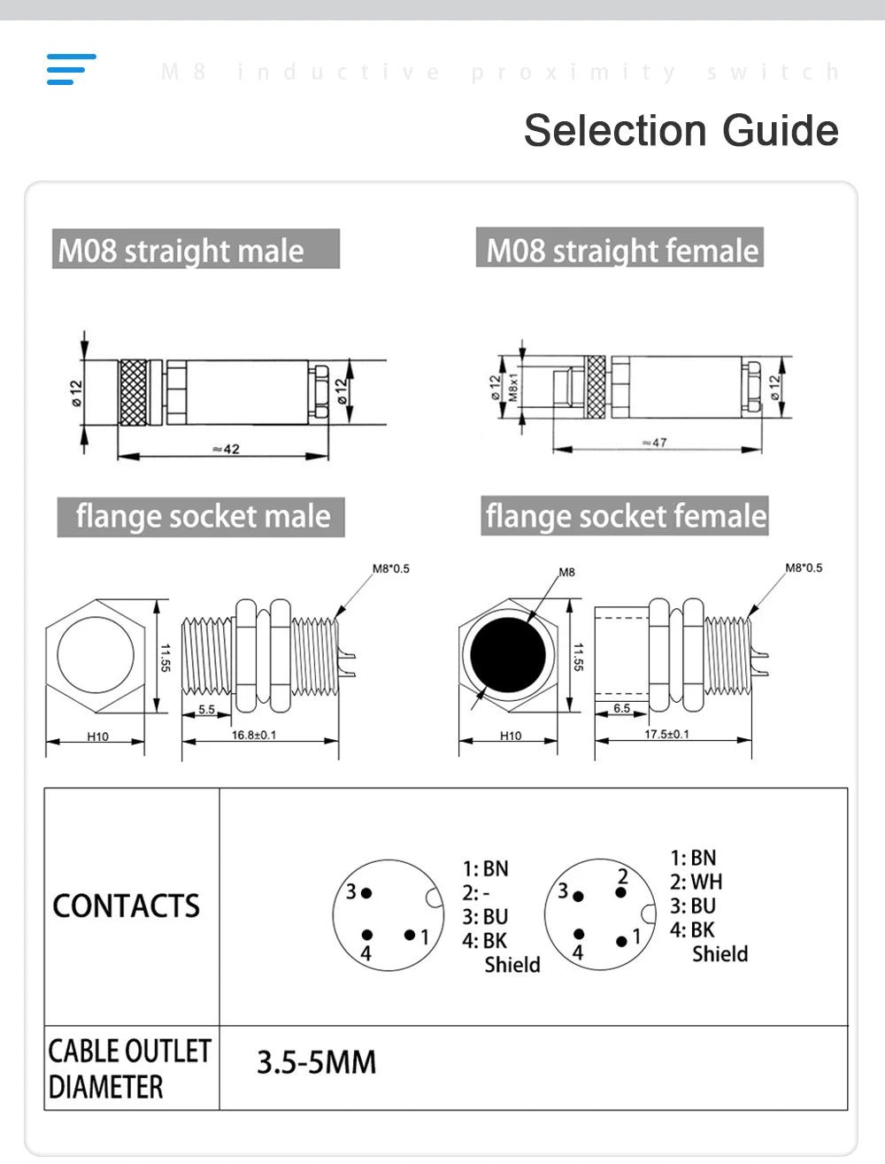 Cloweit M8 Sensor Connector Waterproof Male&Female Plug Straight Angle Screw Threaded Coupling 3pin 4p Panel Mount Flange Socket