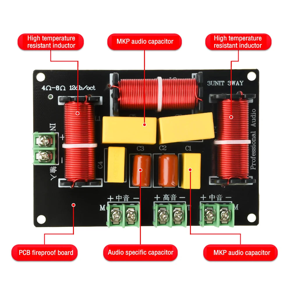 200W Crossover 3 Way Home Theater Treble Bass Audio Sound Speaker Amplifier Frequency Divider Filter 3 Way Crossover