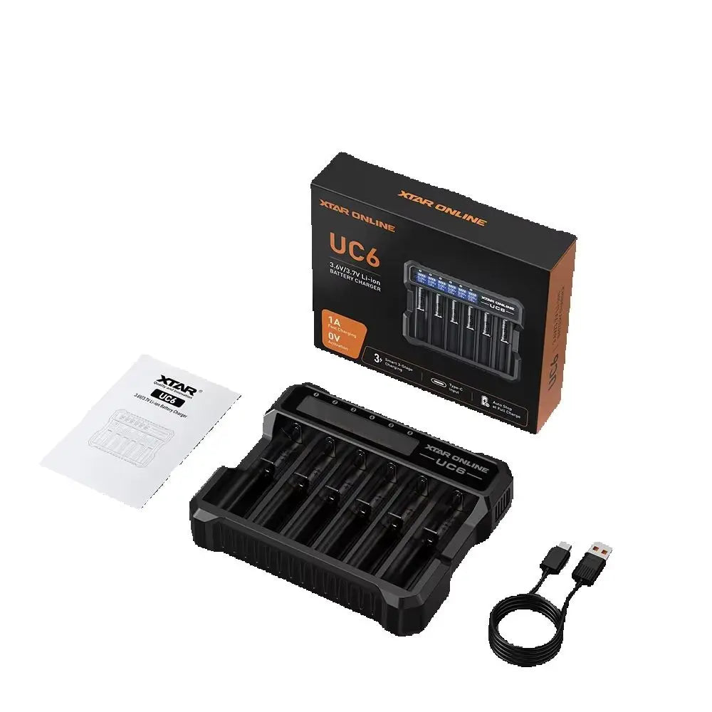 MC6C 6-Slot Independent Charger LCD Display for Li-ion Ni-MH USB-C Input 0V for 21700 18650 Li Battery AA AAA Battery Activation