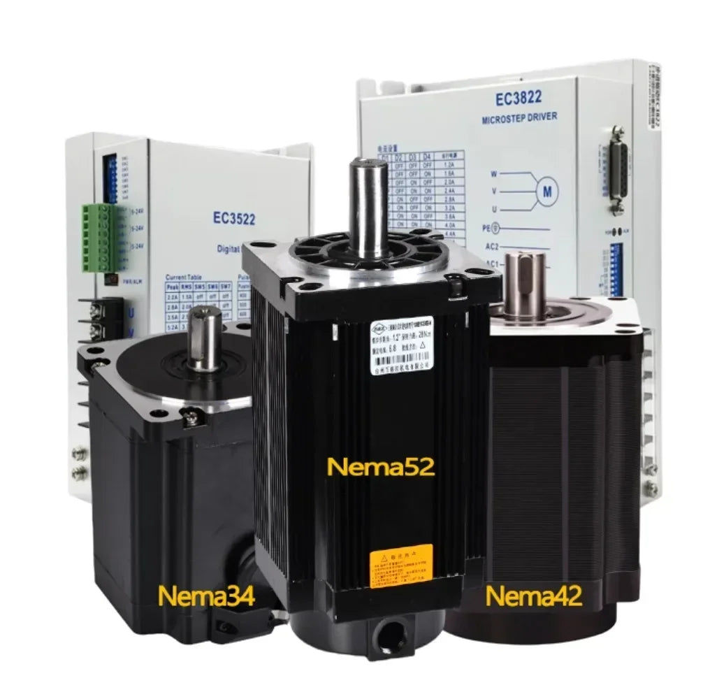 Nema34/42/52 Stepper Motor Kit 4.5-50Nm | 3-Phase Motor 14/19mm Shaft | EC3522/EC3822 Driver for CNC/Robotics (80-240V)