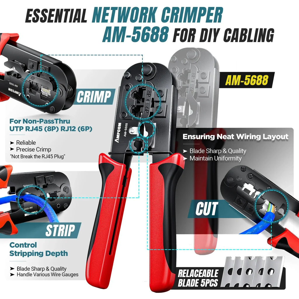 AMPCOM Network Tool Kit, Lan Tester RJ45 Crimper Cat6 CAT5E Connectors RJ11 Punch Down Tool Wire Stripper Pliers Ethernet Cable