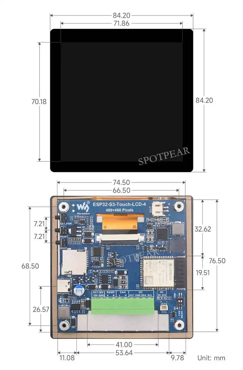 ESP32 S3 4inch LCD Development Board 480x480 TouchScreen Display TVBOX LVGL HMI Sensor CAN RS485 Waveshare ESP32-S3-Touch-LCD-4