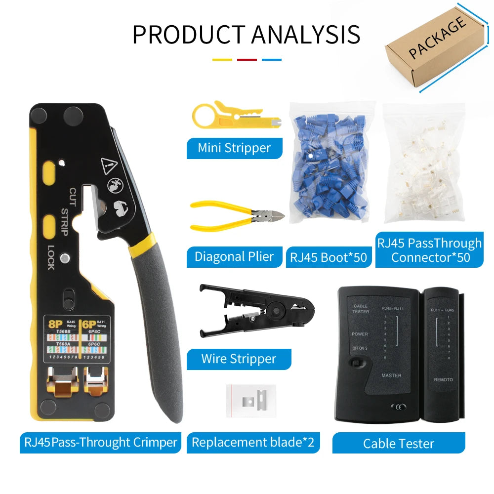 Pass Through RJ45 Cat6 Crimping Tool, 8P8C Crimper for CAT6A/CAT6/CAT5E (STP/UTP)， 3-in-1 Crimp/Cut/Strip