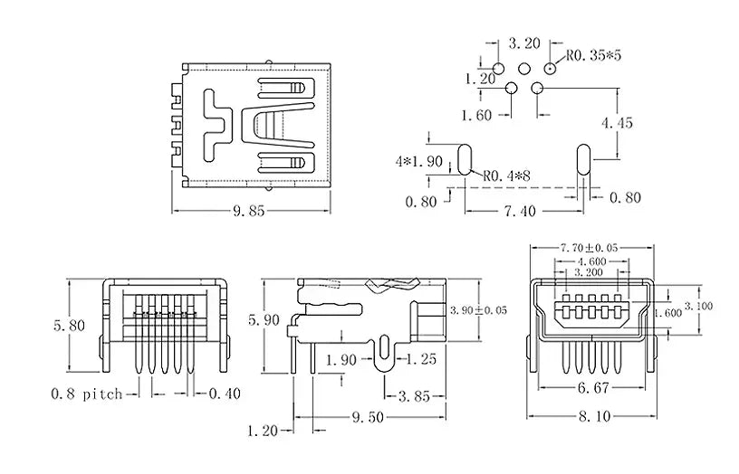 10Pieces 9Types Mini USB Connector B Type USB 2.0 Jack 5pin SMT DIP PCB Board Sink 1.7 USB Socket Female Jack 2.0