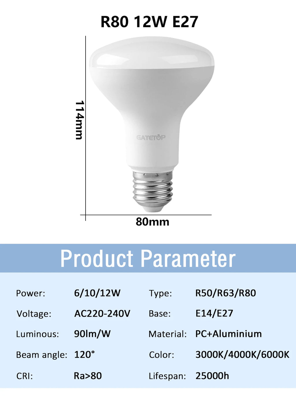 1-10 Pack R50 R63 R80 E14 E27 R Bulb Bathroom Light 6W 10W 12W High Lumen 3000K 4000K 6000K Natural Light for Bathroom Home