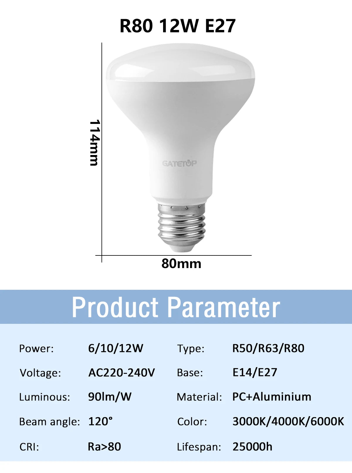 1-10 Pack R50 R63 R80 E14 E27 R Bulb Bathroom Light 6W 10W 12W High Lumen 3000K 4000K 6000K Natural Light for Bathroom Home