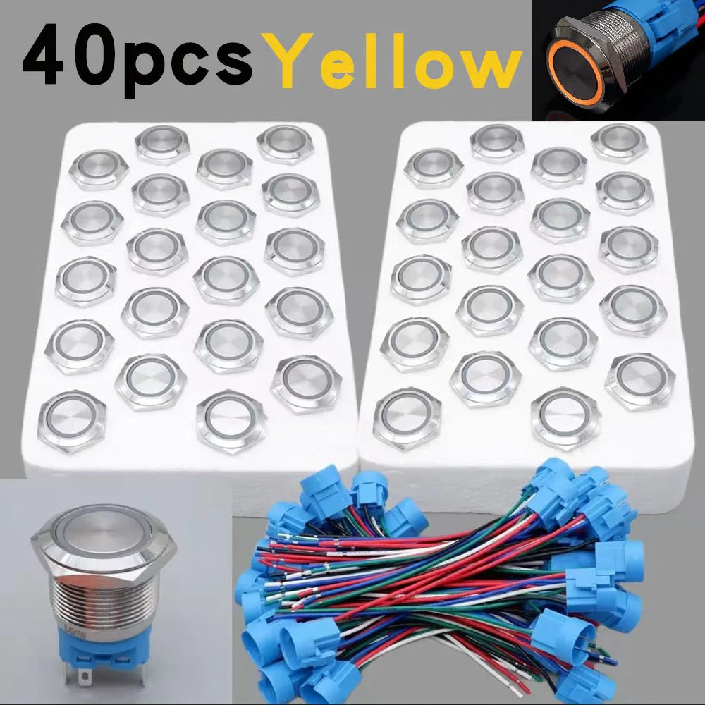 40pcs 22mm Push Button Switch Latching Momentary Metal PC Power LED Light On Off with Wire Waterproof 12v 3v 5v 6v 24v 220v Red