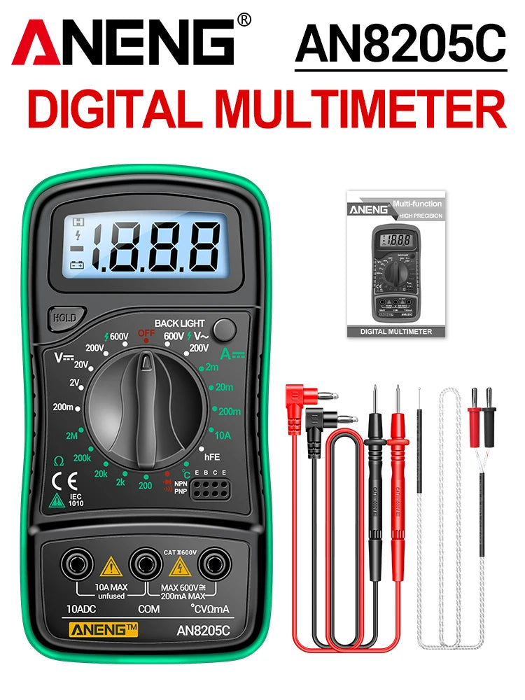 Digital Multimeter 1999 Counts 600V AC/DC Voltage Temp Test for Car Repair ANENG AN8205C Blue Backlight hFE Triode DIY Test Tool