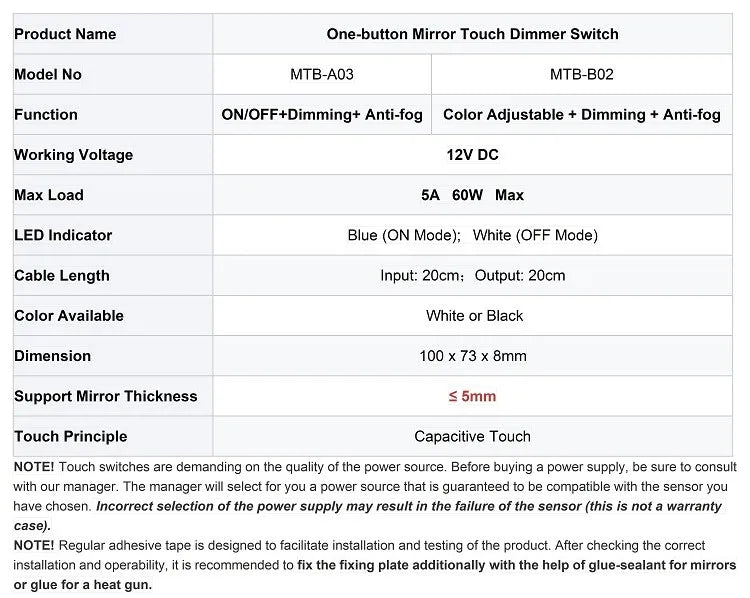 DC 12V 5A 60W LED Touch Dimmer Light Switch Touch Sensor For Mirror With Changing Dimmer Anti Fog
