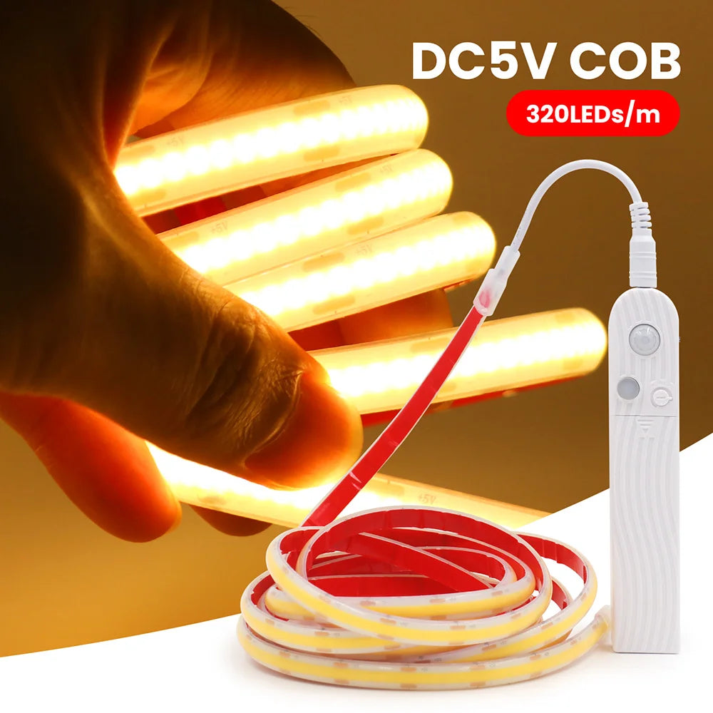 Waterproof Motion Sensor COB Light Battery USB Powered Led Strip IP68 5V Auto ON/OFF Cabinet Kitchen Staircase Liner Lighting