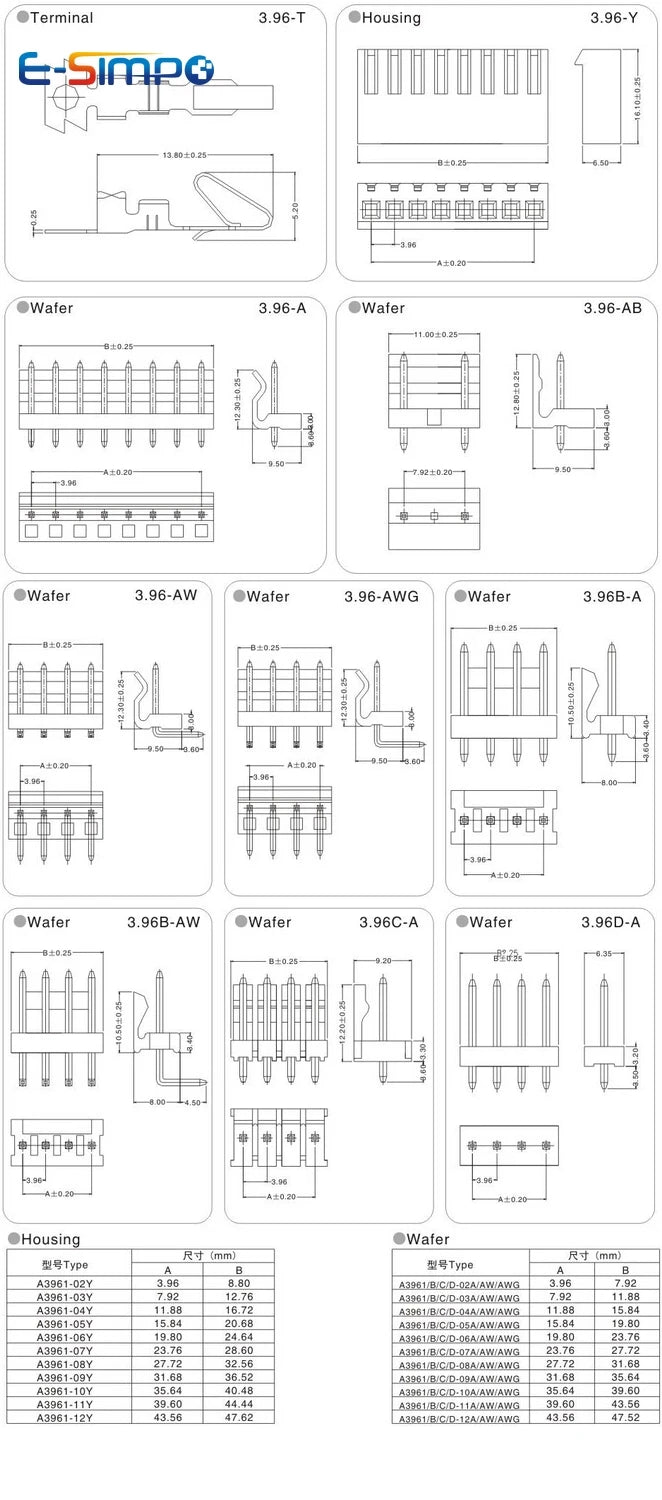 100pcs CH3.96 3.96mm CH3.96- 2/3/4/5/6/7/8/9/10/11/12Pin Housing Female Straight Right Angle Male Pin Wafer Connector