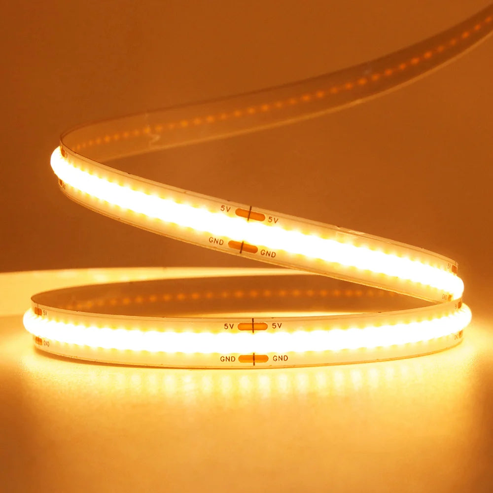 3mm 5mm PCB Battery Power COB LED Strip Light 5V Warm Natural White Blue Red Green Pink Tape 320LEDs 8mm High Density Flex Lamp