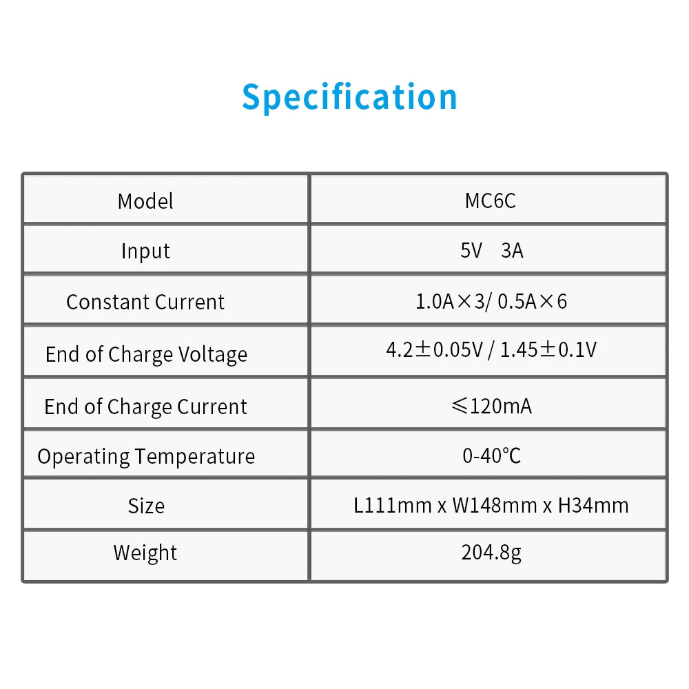 MC6C 6-Slot Independent Charger LCD Display for Li-ion Ni-MH USB-C Input 0V for 21700 18650 Li Battery AA AAA Battery Activation