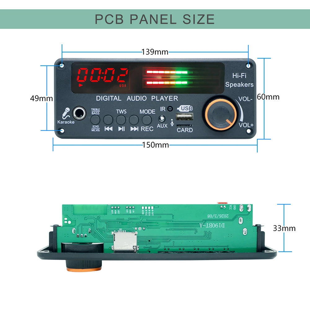 DC12V MP3 WMA WAV Decoder Board Bluetooth 5.3 Handsfree Car Audio Microphone USB TF FM DIY Music Player