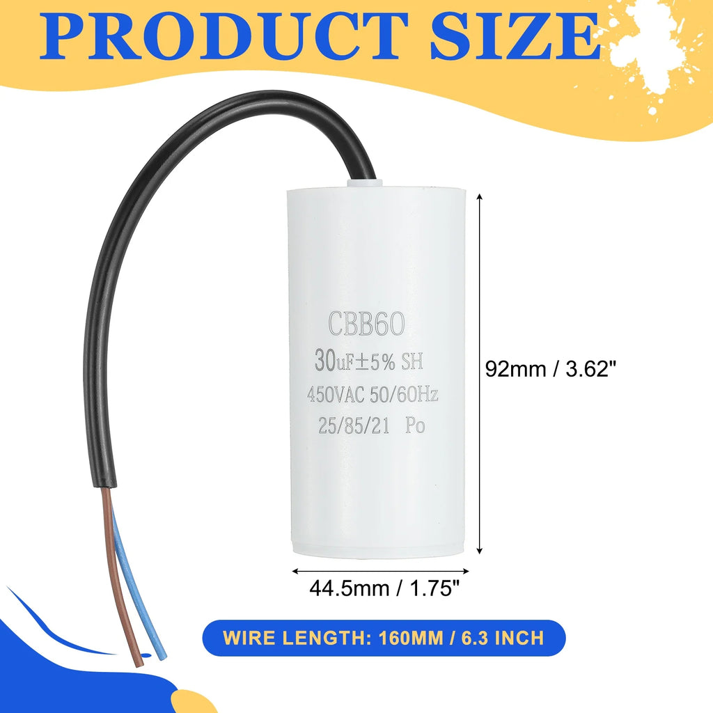 1Pcs CBB60 Run Capacitor 3uf-100uf 450V AC 2 Wires 50/60Hz Cylinder White for Air Compressor Water Pump Motor