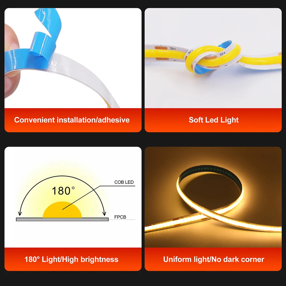 DC 5V COB LED Strip Light With USB 2PIN Wire DC Plug 8MM 320LED High Density Flexible Tape 3000K 4000K 6000K Warm Natural White