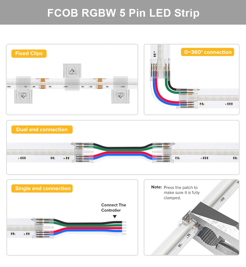 FCOB RGBW LED Strip Light 5pin 12mm DC12V 24V 896 LED Flexible FOB RGBCW COB RGBWW Lights High Density RA90 Linear Dimmable 16W