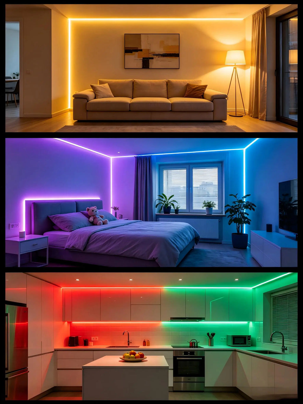 5V RGB light strip with 3-button control, USB powered, suitable for game rooms, living rooms, bedrooms, and holiday decorations.