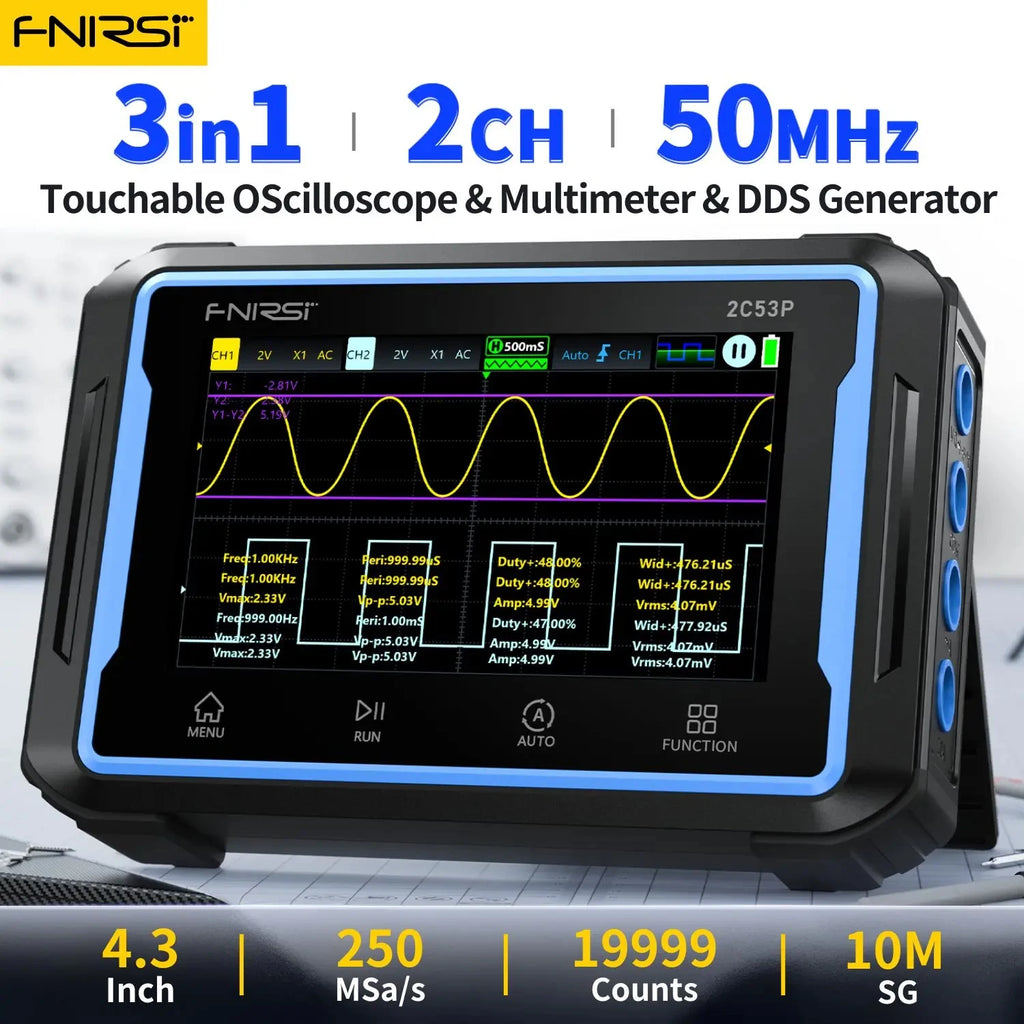 FNIRSI 2C53P 3 in 1 Digital Handled Oscilloscope Multimeter Signal Generator Touch Screen 2 Channel 50MHZ 250Ms/S 19999 Counts