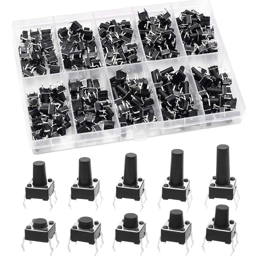 100Pcs 6x6mm Tactile Push Button Switch Assortment Kit, 9 Stem Heights 4Pin Vertical Momentary Micro Switches for Circuit Repair