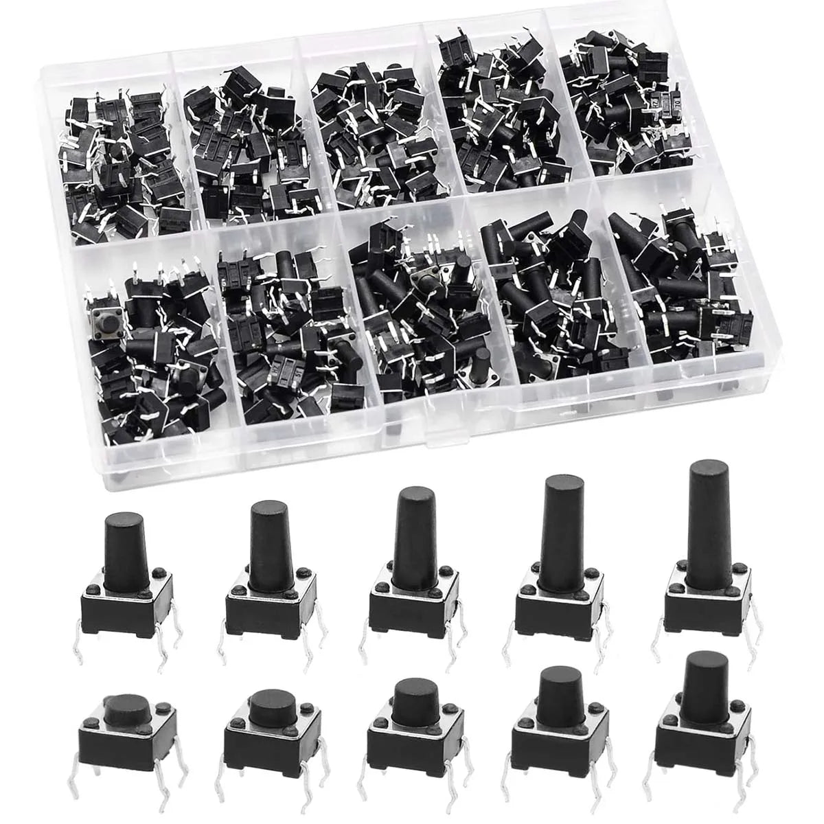 100Pcs 6x6mm Tactile Push Button Switch Assortment Kit, 9 Stem Heights 4Pin Vertical Momentary Micro Switches for Circuit Repair