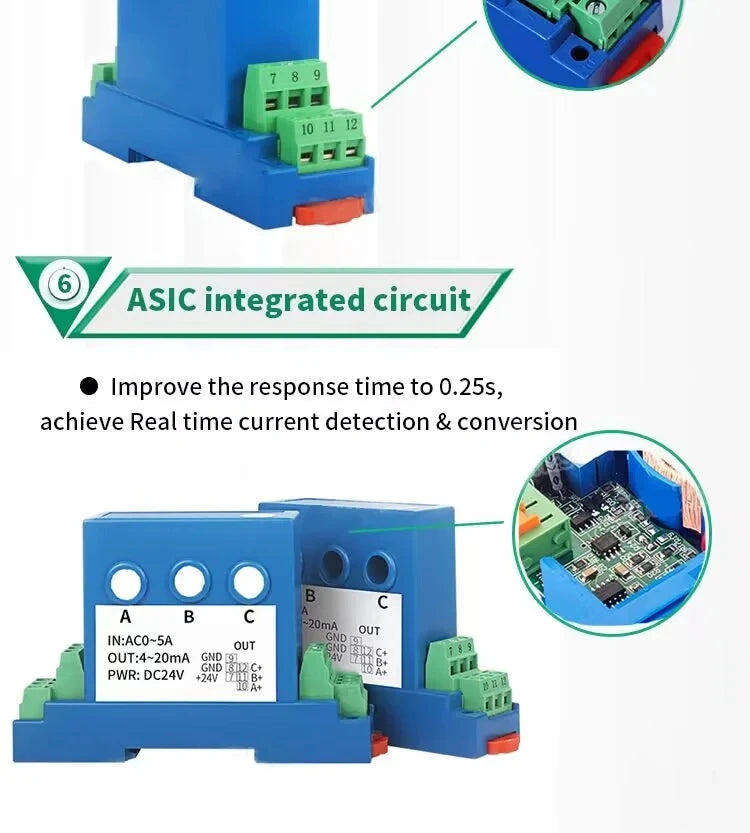 3 Phase Current Transmitter 4-20ma 0-5v 0-10v RS485 8mm Hole Three Phase Ampere Sensor Signal Transducer