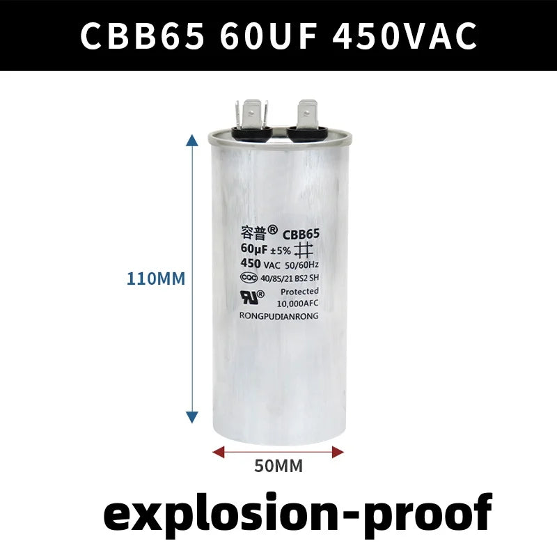 CBB65 450V Motor Capacitor Air Conditioner Compressor Start Capacitor 5uF 6uF 20uF 25uF 30uF 35uF 40uF 45uF 50uF 60uF 70uF