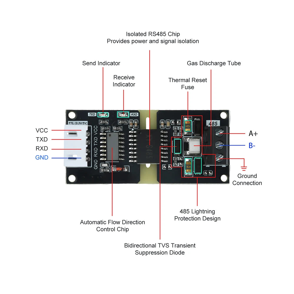 TTL to RS485 Converter Module with 16KV Isolation Voltage Automatic Flow Direction Control for Signal Conversion