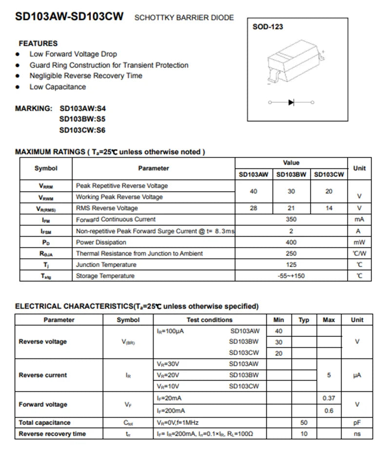 100PCS SD103AW S4 SOD-123 SOD-323 0805 SD103AWS 40V 350mA SMD SD103AW-7-F SD103AW-13-F Schottky Barrier DIODE 1N5819 B5819WS