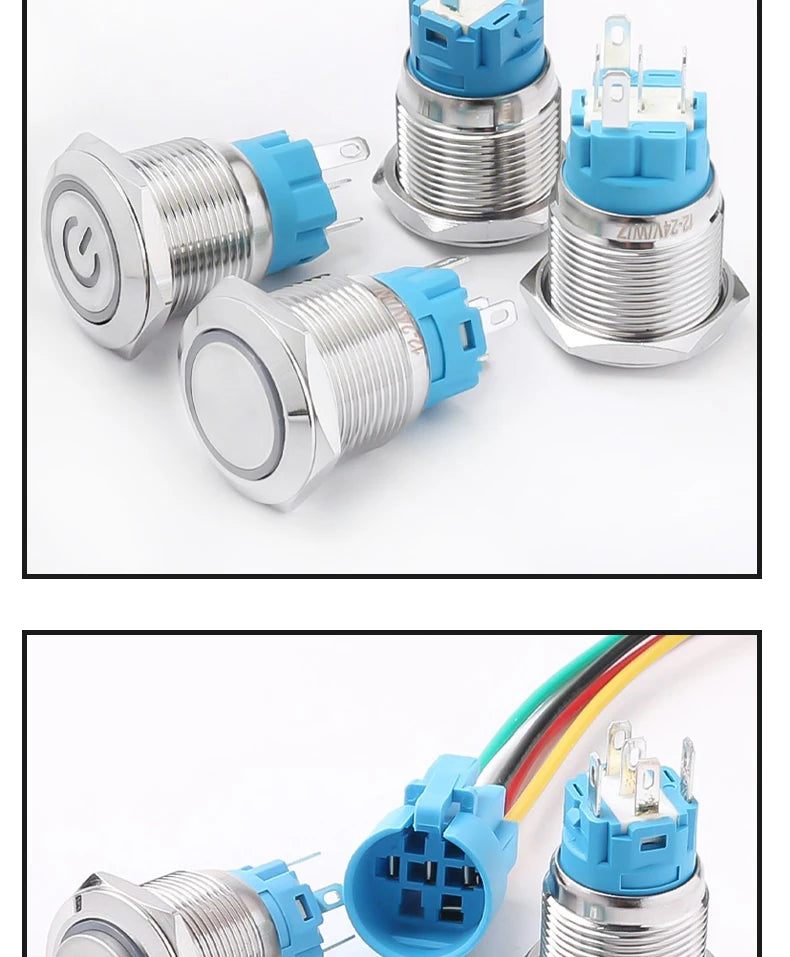 19MM LED Metal Button Switch Stainless Steel 1NO1NC Momentary Latching High Head Lamp Waterproof Button 12V 24V 220V