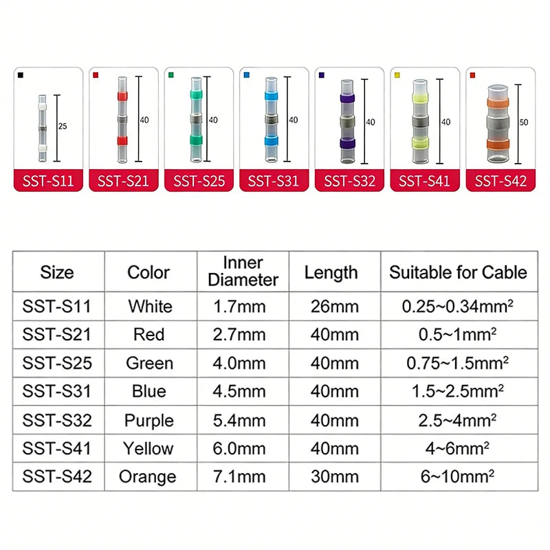 50 - 500pcs Solder Seal  Wire Connectors 3:1 Heat Shrink Butt Crimp Terminals Waterproof Electrical Cable Splice Connector