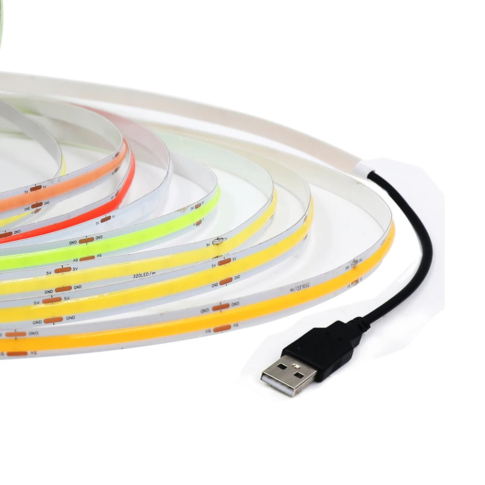 5V USB COB Led Strip Light 320 Leds/M White/Red/Green/Blue/Ice Blue/Pink PCB 3MM 5MM 8MM Flexible Ribbon Night Lamp TV Backlight
