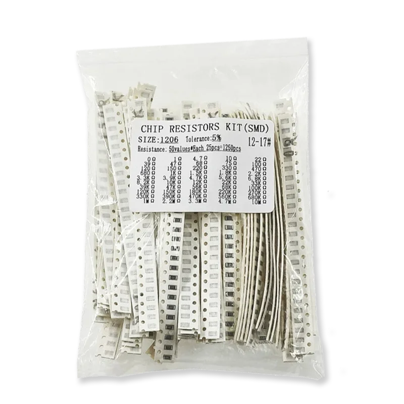 1250PCS 50Values SMD Resistor 1206 5% Pack 0Ω~10MΩ, 1R 10R 100R 220R 330R 470R 680R Chip Fixed Resistor 1K 102 10K 103 100K 104