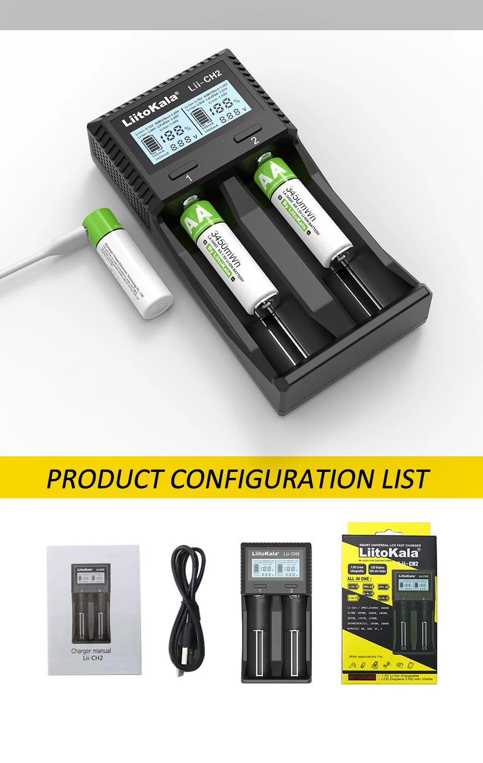 LiitoKala Lii-CH4 Smart Charger for 18650/21700/26650/AA/AAA/Ni-MH/Li-ion,1.2V/1.5V 4-Slot Fast Charge, USB-C, Auto Detect