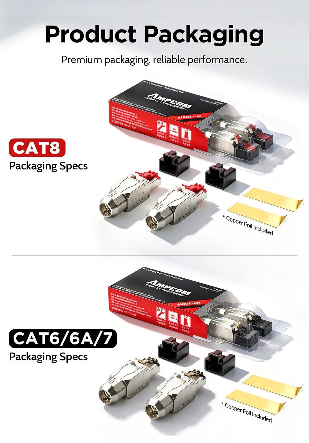 AMPCOM Tool Free RJ45 Plug CAT8 CAT7 CAT6A CAT6 Zinc-Alloy STP 40Gb 2000Mhz RJ45 Connector for 22-26AWG Cable 2Pcs-pack