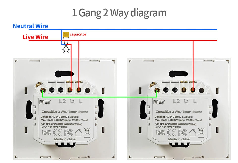 NYWP EU 86*86mm 1Gang 2Way Dual Touch Switch Tempered Glass Panel Stair Switch Bedroom Sensor Switches Cross No Need WI-FI