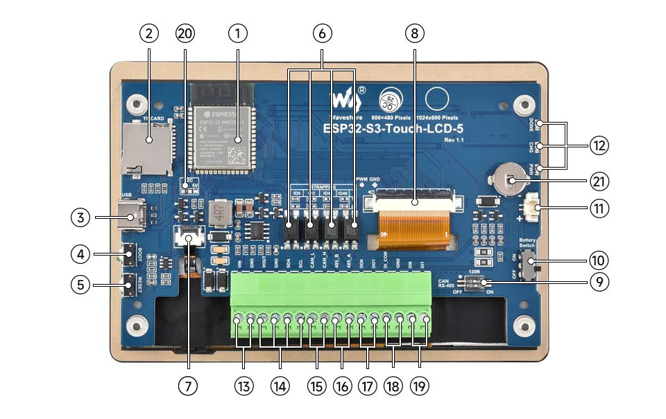Waveshare ESP32-S3 5inch Capacitive Touch Display Development Board, 5-Point, 32-Bit LX7 Dual-Core Processor, ESP32 With Display